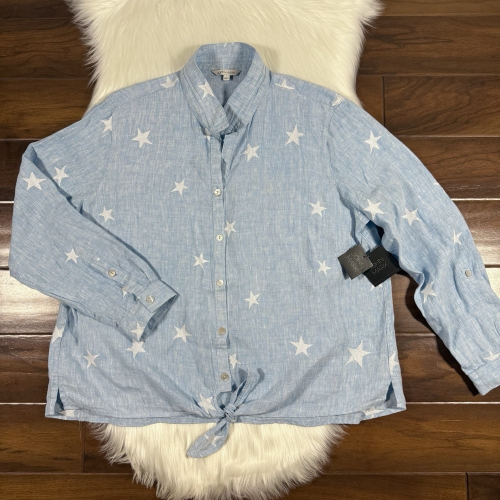 John Mark Women's Plus Size 2X‎ Blue Star Button Front Tie Knot Blouse Top